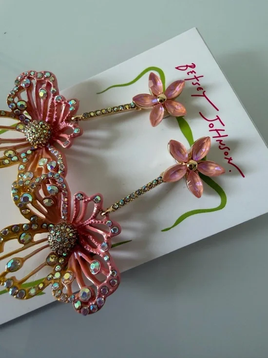 Betsey Johnson Colorful Floral Crystal Drop statement Earrings - Picture 3 of 4